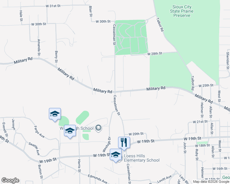 map of restaurants, bars, coffee shops, grocery stores, and more near 2501 Casselman Street in Sioux City