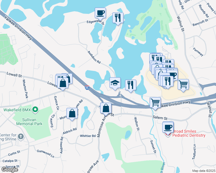map of restaurants, bars, coffee shops, grocery stores, and more near 14 Audubon Road in Wakefield