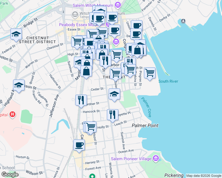 map of restaurants, bars, coffee shops, grocery stores, and more near 16 Leavitt Street in Salem