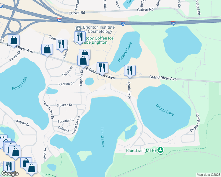 map of restaurants, bars, coffee shops, grocery stores, and more near 6072 Vicki Jean Ln in Brighton