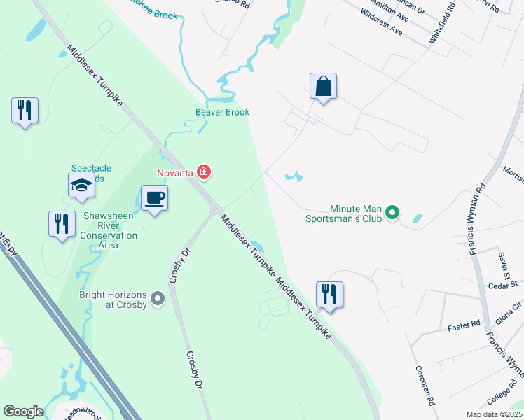 map of restaurants, bars, coffee shops, grocery stores, and more near 5000 Taylor Pond Lane in Bedford