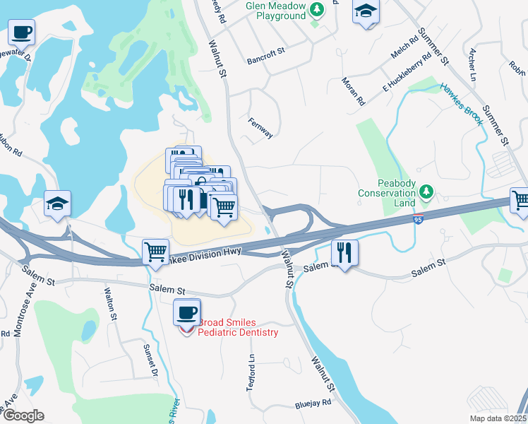 map of restaurants, bars, coffee shops, grocery stores, and more near 100 Market Street in Lynnfield