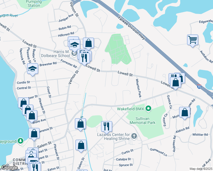 map of restaurants, bars, coffee shops, grocery stores, and more near 29 Penfield Circle in Wakefield