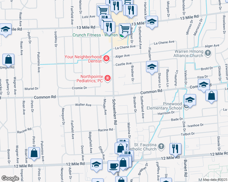 map of restaurants, bars, coffee shops, grocery stores, and more near 29856 Schoenherr Road in Warren