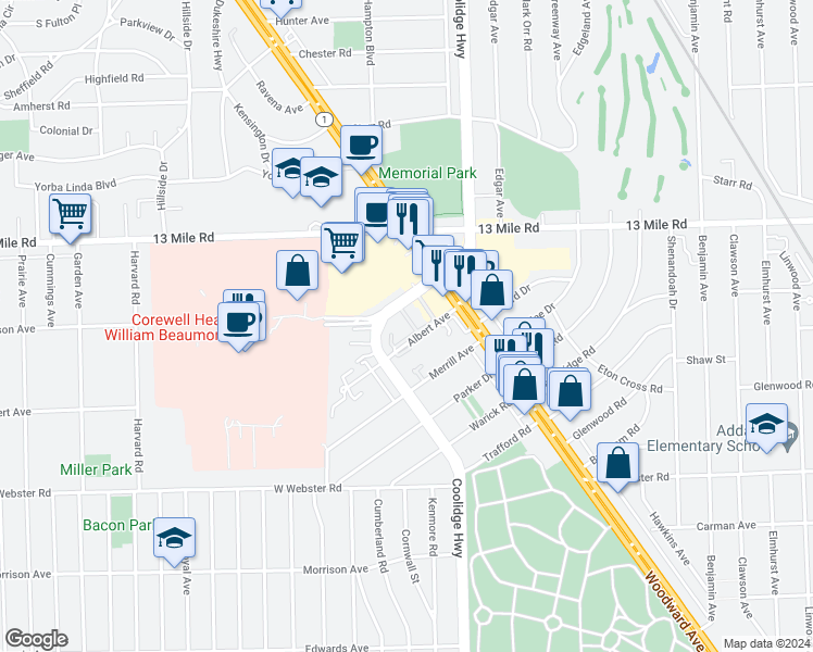 map of restaurants, bars, coffee shops, grocery stores, and more near 3204 Coolidge Highway in Royal Oak