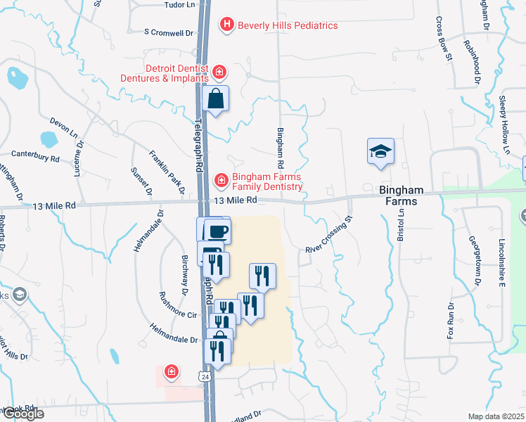 map of restaurants, bars, coffee shops, grocery stores, and more near 30745 River Crossing Street in Bingham Farms