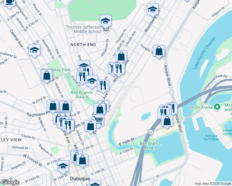 map of restaurants, bars, coffee shops, grocery stores, and more near 611 Garfield Ave in Dubuque