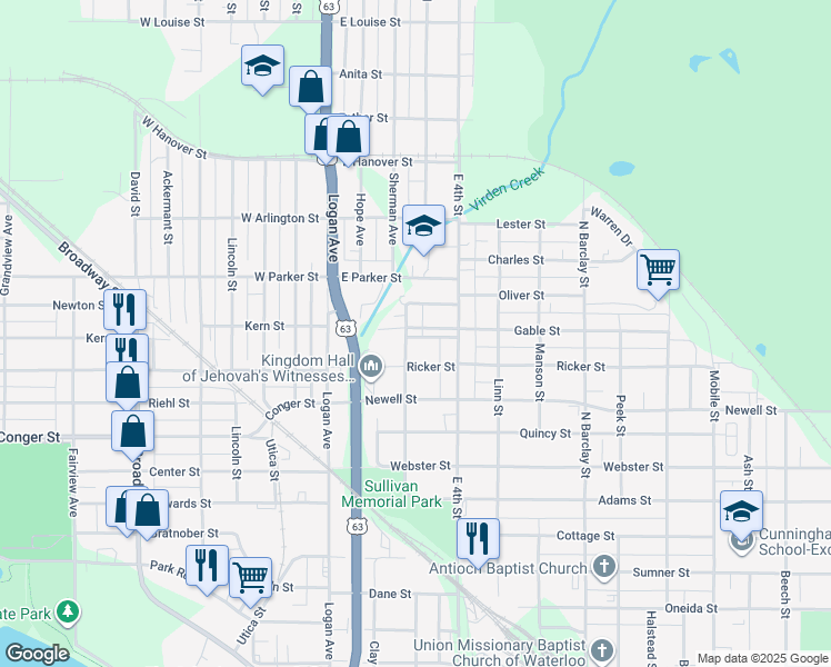 map of restaurants, bars, coffee shops, grocery stores, and more near 119 Ricker Street in Waterloo
