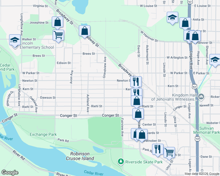 map of restaurants, bars, coffee shops, grocery stores, and more near 631 Kern Street in Waterloo