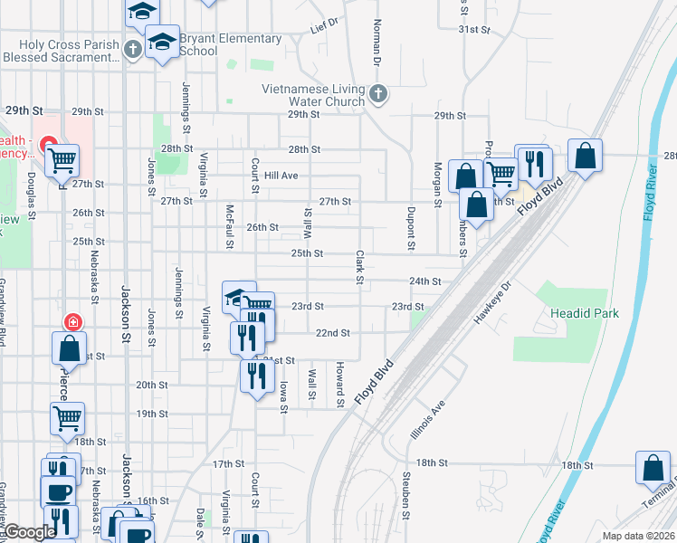 map of restaurants, bars, coffee shops, grocery stores, and more near 1414 24th Street in Sioux City