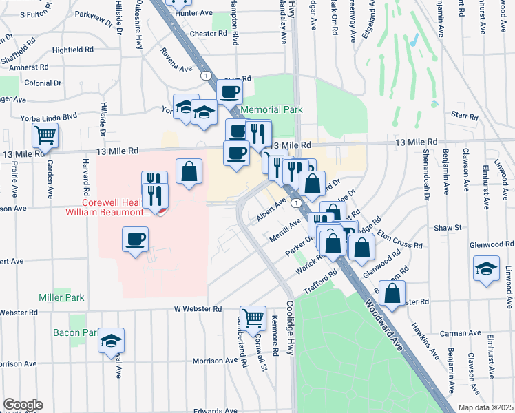 map of restaurants, bars, coffee shops, grocery stores, and more near 3204 Coolidge Highway in Royal Oak