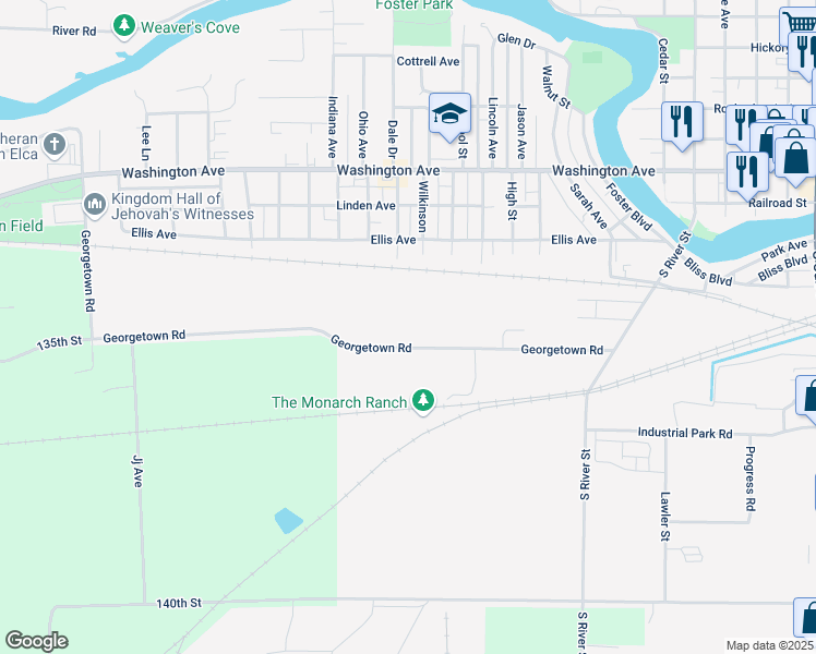 map of restaurants, bars, coffee shops, grocery stores, and more near 1430 Georgetown Road in Iowa Falls