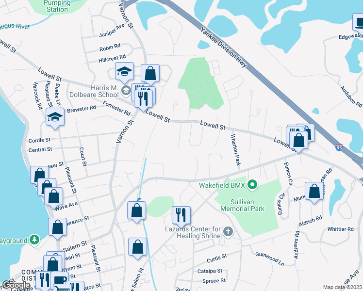 map of restaurants, bars, coffee shops, grocery stores, and more near 29 Penfield Circle in Wakefield