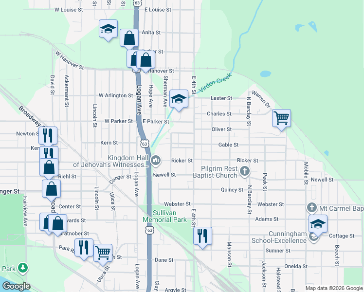 map of restaurants, bars, coffee shops, grocery stores, and more near 119 Ricker Street in Waterloo