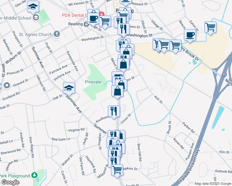 map of restaurants, bars, coffee shops, grocery stores, and more near 12 Pinevale Avenue in Reading