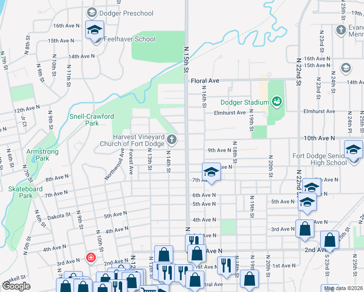 map of restaurants, bars, coffee shops, grocery stores, and more near 1410 8th Avenue North in Fort Dodge