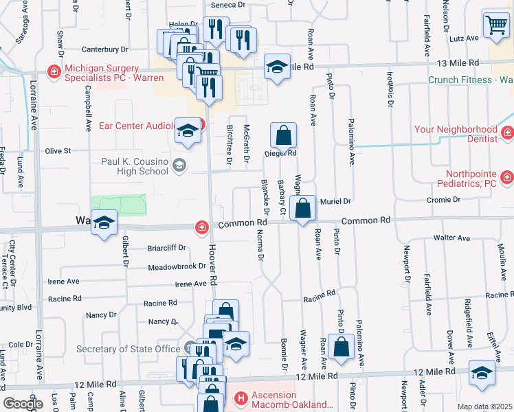 map of restaurants, bars, coffee shops, grocery stores, and more near 30011 Blancke Drive in Warren