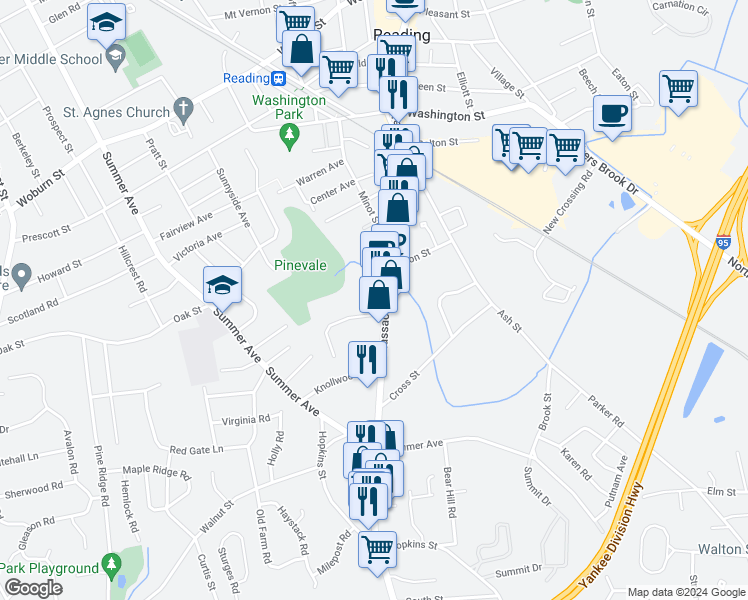 map of restaurants, bars, coffee shops, grocery stores, and more near 274 Main Street in Reading
