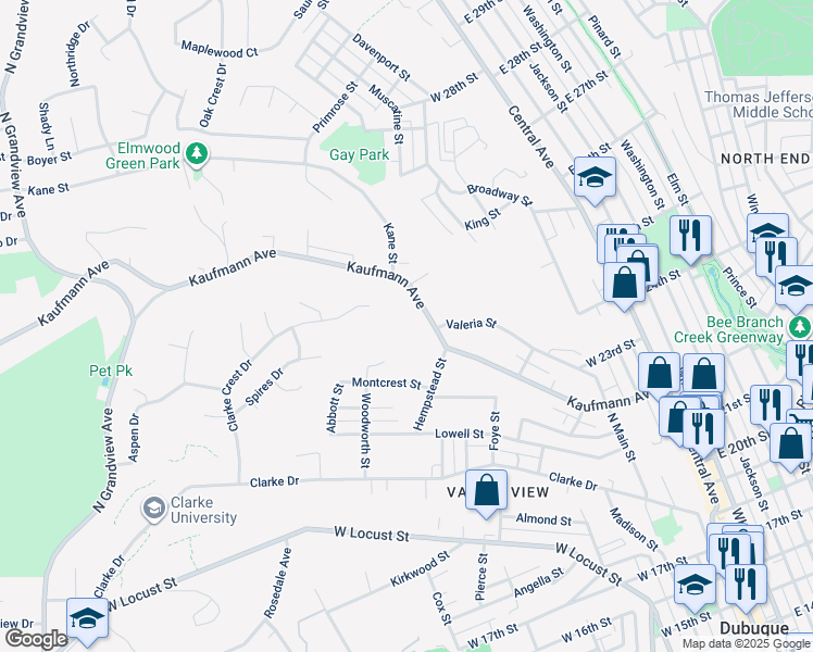 map of restaurants, bars, coffee shops, grocery stores, and more near 526 Kaufmann Avenue in Dubuque