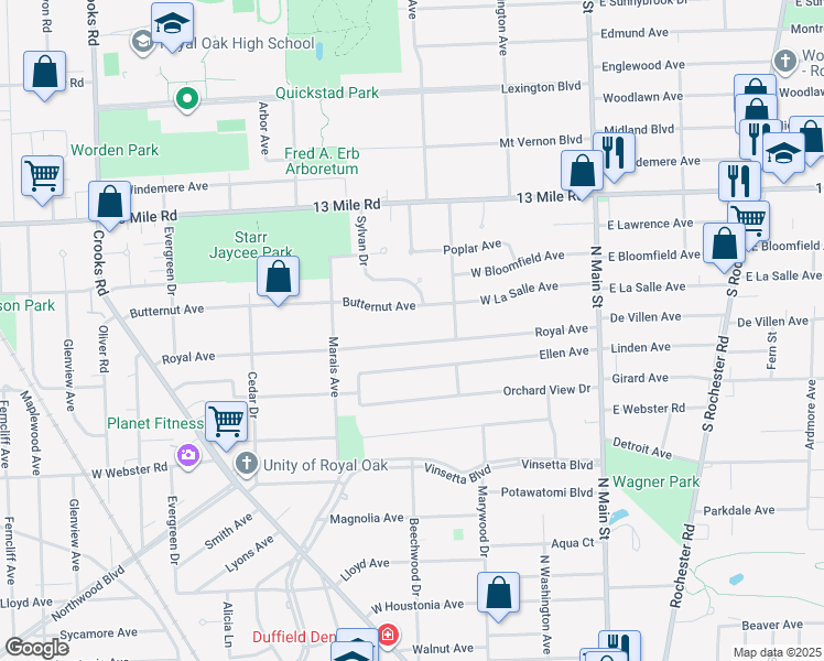 map of restaurants, bars, coffee shops, grocery stores, and more near 635 Royal Avenue in Royal Oak