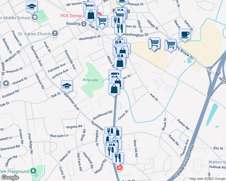 map of restaurants, bars, coffee shops, grocery stores, and more near 12 Pinevale Avenue in Reading