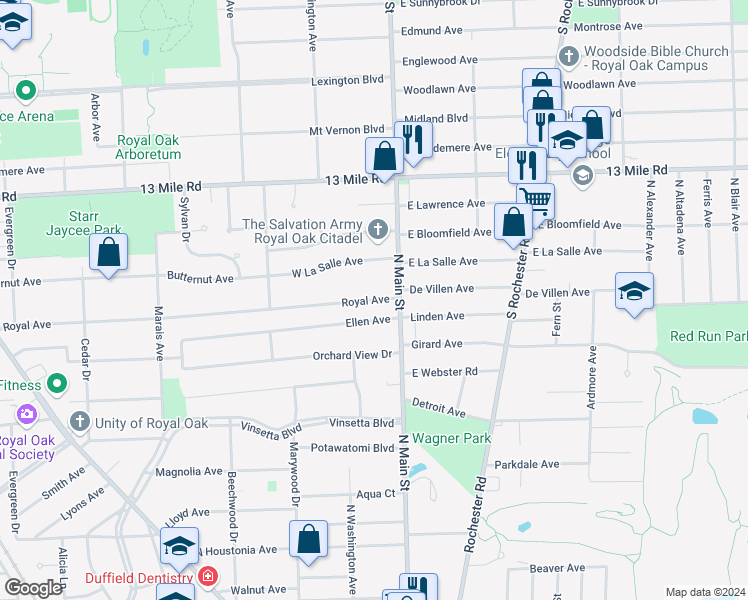 map of restaurants, bars, coffee shops, grocery stores, and more near 200 Royal Avenue in Royal Oak