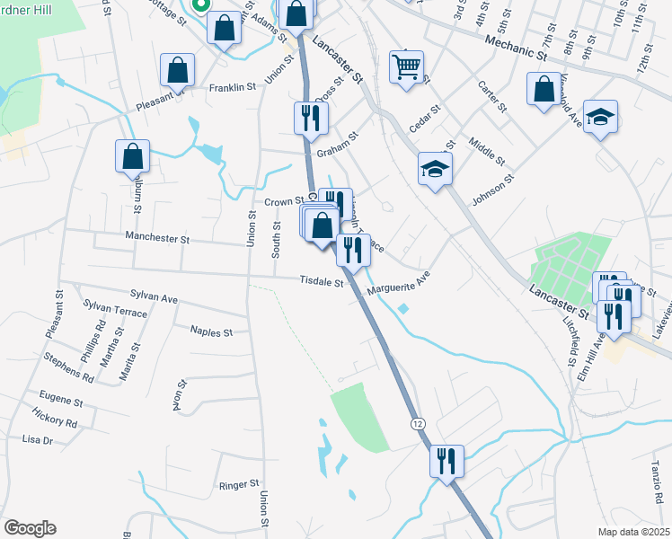 map of restaurants, bars, coffee shops, grocery stores, and more near 2 Tisdale Street in Leominster
