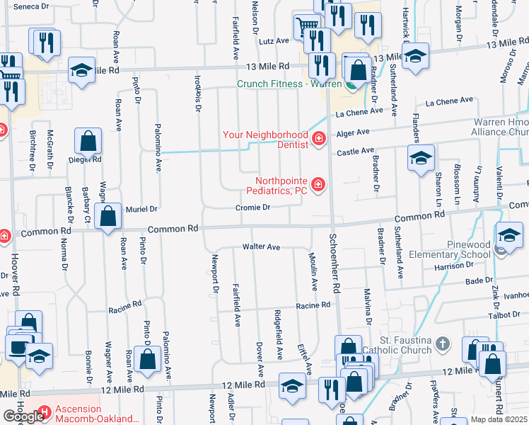 map of restaurants, bars, coffee shops, grocery stores, and more near 13146 Common Road in Warren