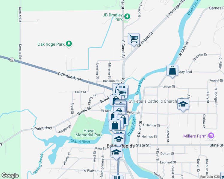 map of restaurants, bars, coffee shops, grocery stores, and more near 101 South Clinton Trail in Eaton Rapids