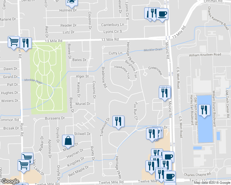 map of restaurants, bars, coffee shops, grocery stores, and more near 30363 Bradmore Road in Warren