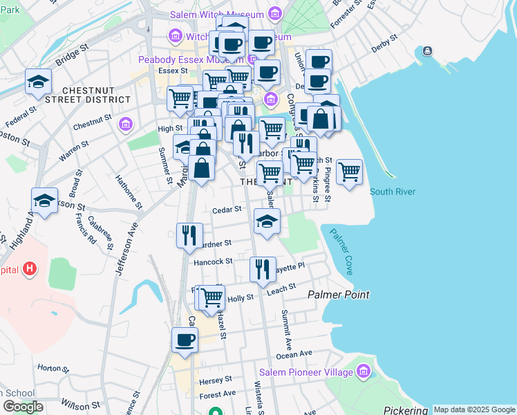 map of restaurants, bars, coffee shops, grocery stores, and more near 16 Leavitt Street in Salem