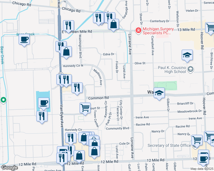 map of restaurants, bars, coffee shops, grocery stores, and more near 8545 Common Road in Warren
