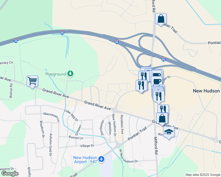 map of restaurants, bars, coffee shops, grocery stores, and more near 57540 Lyon Center Drive in Lyon Township