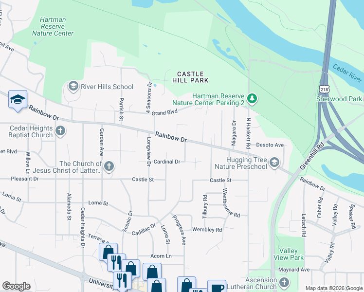 map of restaurants, bars, coffee shops, grocery stores, and more near 2114 Cardinal Dr in Waterloo