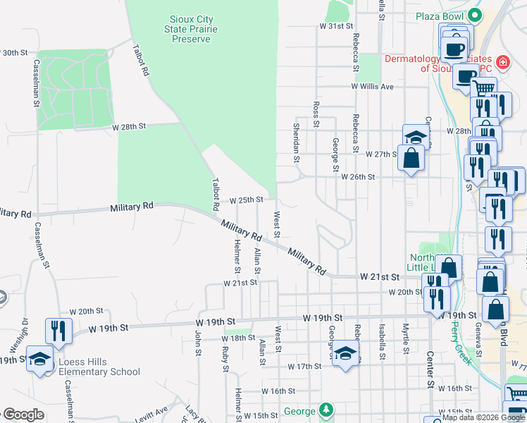 map of restaurants, bars, coffee shops, grocery stores, and more near 2311 Allan Street in Sioux City