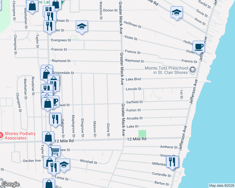 map of restaurants, bars, coffee shops, grocery stores, and more near 30006 Gloria Street in St. Clair Shores