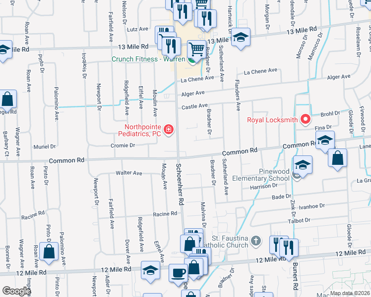 map of restaurants, bars, coffee shops, grocery stores, and more near 29856 Schoenherr Road in Warren