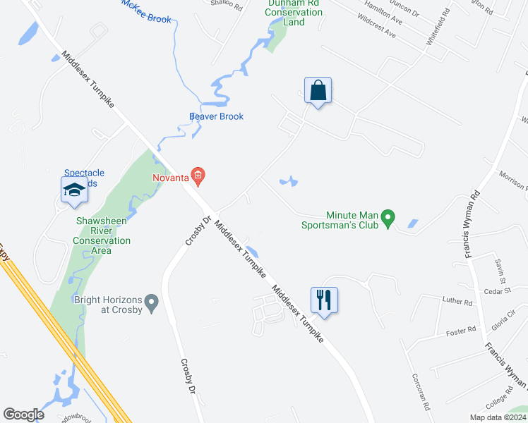 map of restaurants, bars, coffee shops, grocery stores, and more near 4000 Taylor Pond Lane in Billerica