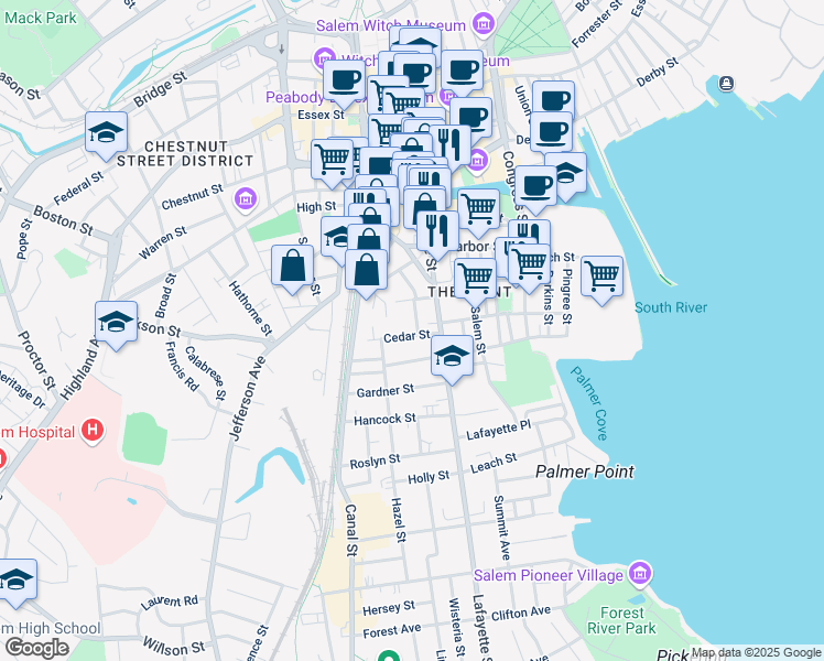 map of restaurants, bars, coffee shops, grocery stores, and more near 154 Lafayette Street in Salem