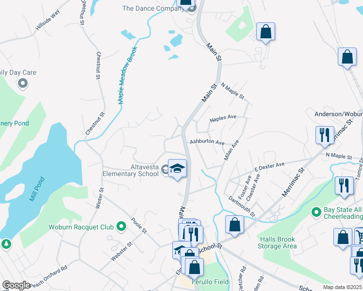 map of restaurants, bars, coffee shops, grocery stores, and more near 990 Main Street in Woburn