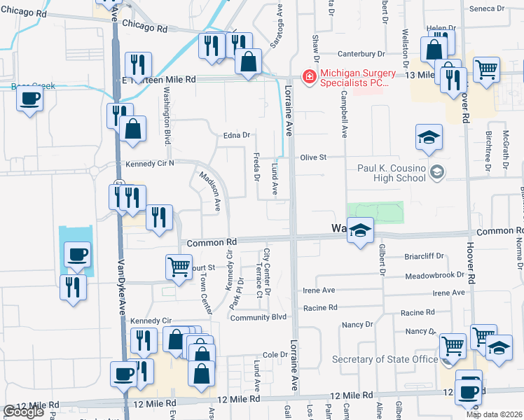 map of restaurants, bars, coffee shops, grocery stores, and more near 30225 Freda Drive in Warren