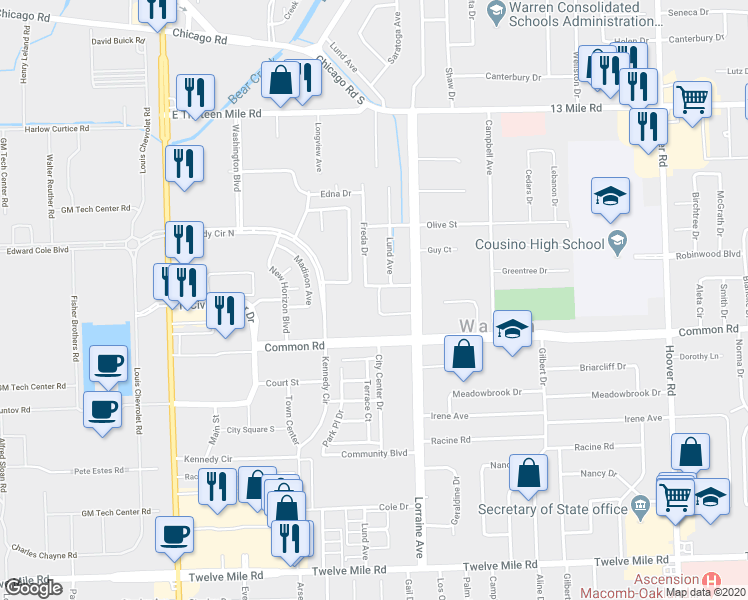 map of restaurants, bars, coffee shops, grocery stores, and more near 30179 Lorraine Avenue in Warren