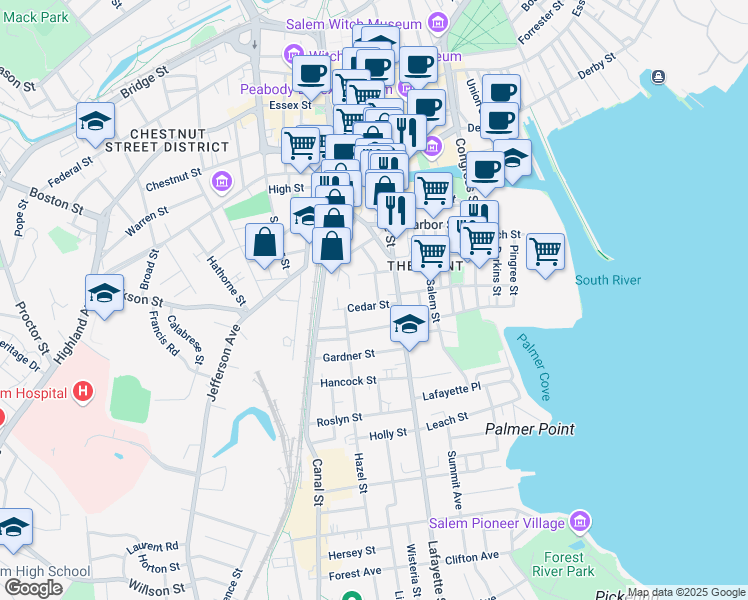 map of restaurants, bars, coffee shops, grocery stores, and more near 154 Lafayette Street in Salem