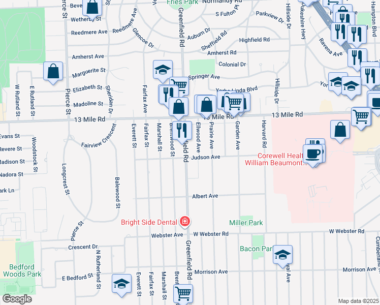 map of restaurants, bars, coffee shops, grocery stores, and more near 3340 Greenfield Road in Royal Oak