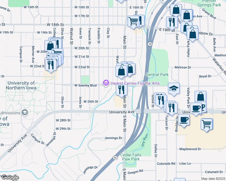 map of restaurants, bars, coffee shops, grocery stores, and more near 256-298 West Seerley Boulevard in Cedar Falls