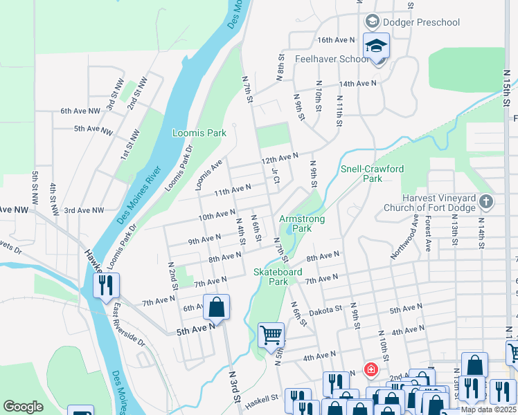 map of restaurants, bars, coffee shops, grocery stores, and more near 629 11th Avenue North in Fort Dodge