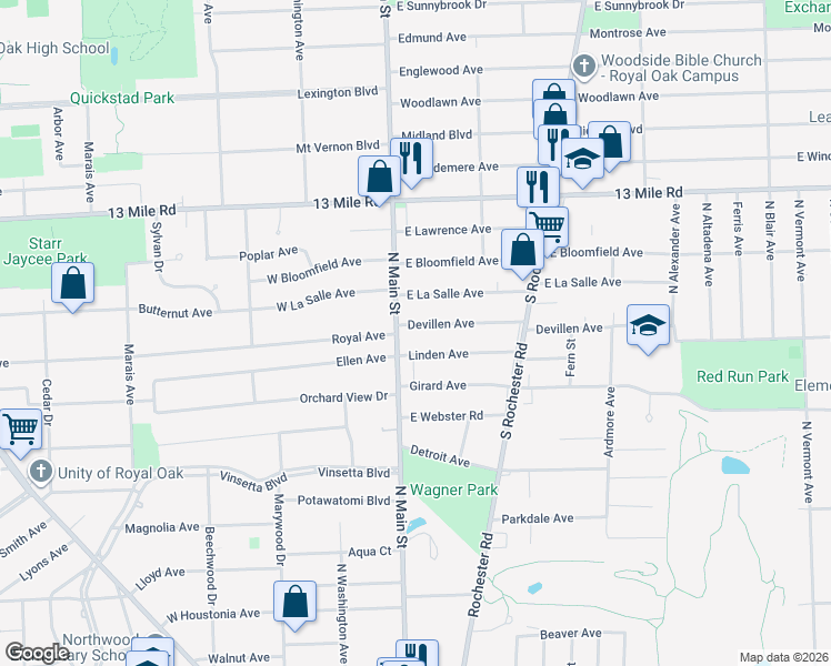 map of restaurants, bars, coffee shops, grocery stores, and more near 2912 North Main Street in Royal Oak