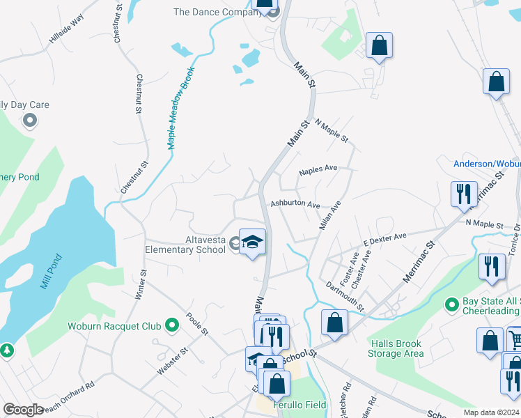 map of restaurants, bars, coffee shops, grocery stores, and more near 990 Main Street in Woburn