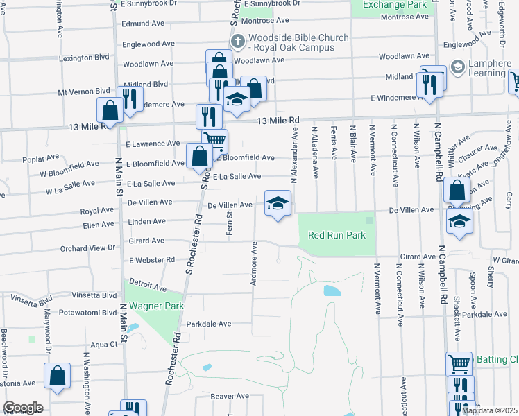 map of restaurants, bars, coffee shops, grocery stores, and more near 2824 Ardmore Avenue in Royal Oak