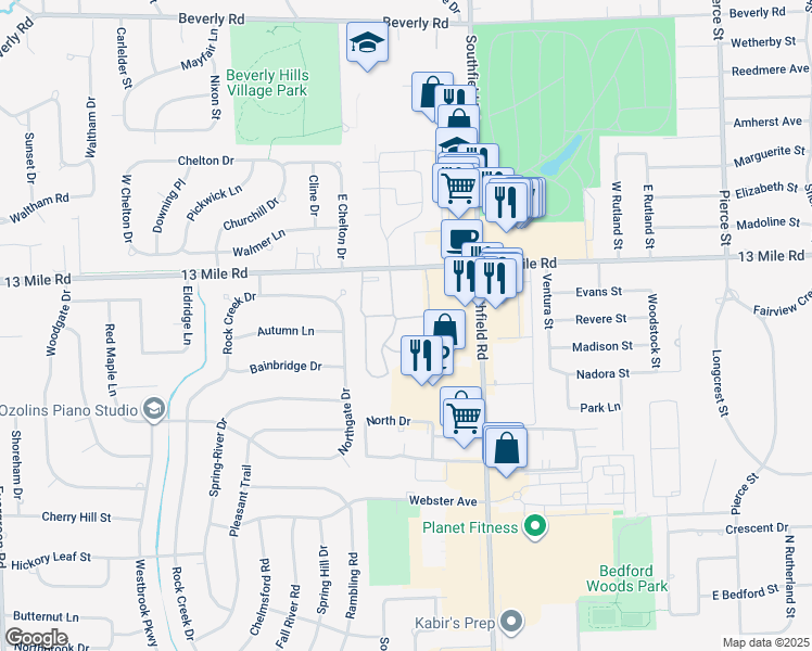 map of restaurants, bars, coffee shops, grocery stores, and more near 13 West 13 Mile Road in Madison Heights